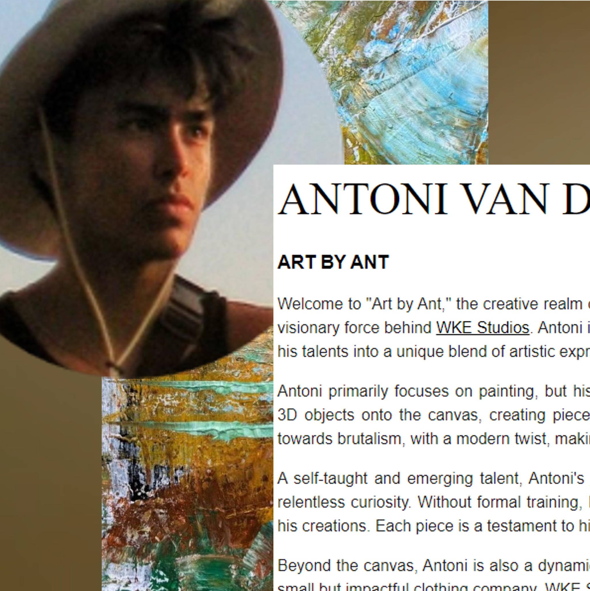 Een collage van verschillende elementen van de visuele identiteit van kunstenaar Antoni van de Geijn. De collage bevat een logo, een visitekaartje, een website en een aantal kunstwerken van de kunstenaar. De kleuren zijn levendig en de compositie is speels.
