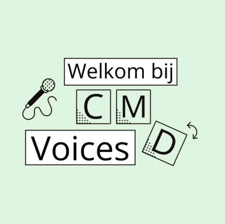 Een typografische compositie met de tekst 'welkom bij CMD Voices' op speelse wijze weergegeven tegen een lichtgroene achtergrond.