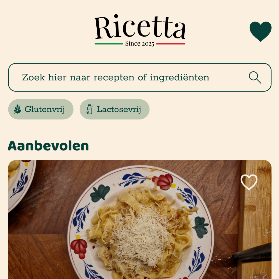 Een screenshot van een mobiele app met de naam 'Ricetta'. De app heeft een strak en modern ontwerp met een gebruiksvriendelijke interface. De achtergrond is licht en de knoppen zijn kleurrijk en opvallend.