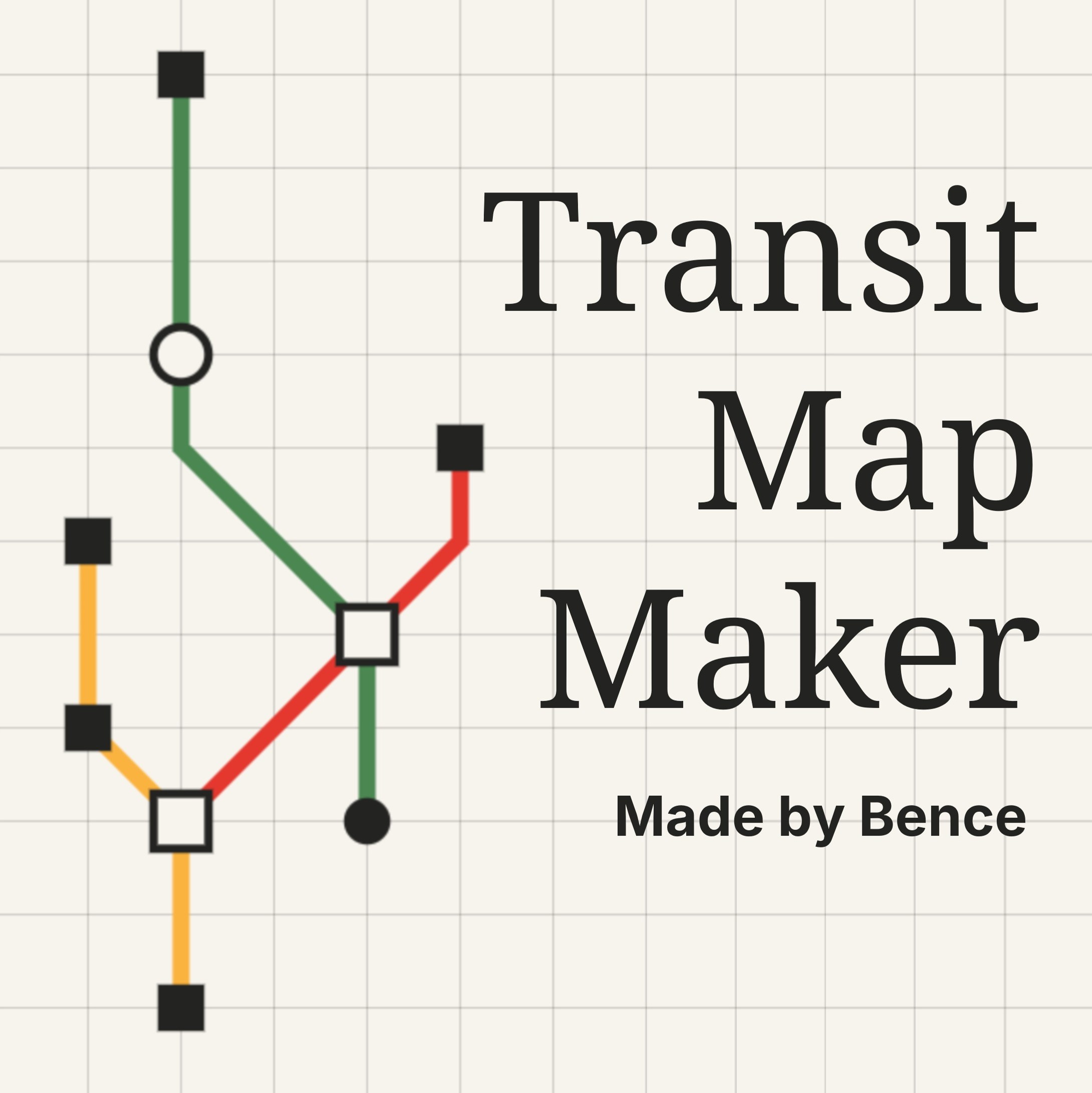 Een metrokaart met verschillende lijnen en stations, weergegeven in een minimalistische stijl. Op de kaart staat de tekst 'Transit Map Maker - Made by Bence'.